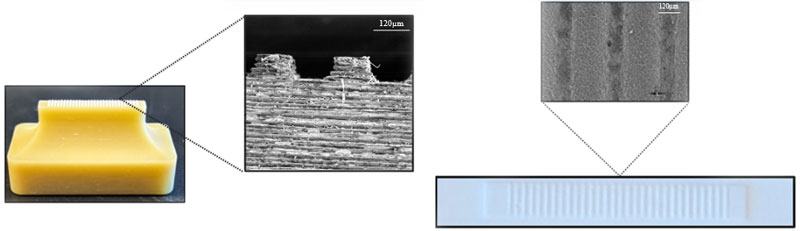 SEM imaging side proile of 3D printed stamp and its imprint in electrospun polyurethane