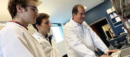 Dr. Brandon Tefft working with students in the Cardiovascular Regenerative Engineering Laboratory