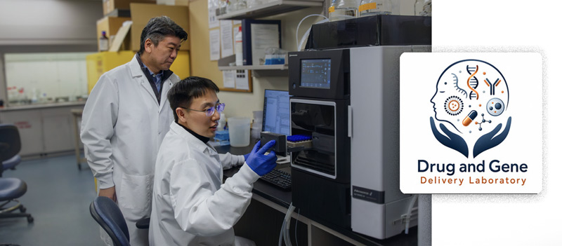 Dr. Yang with student in Drug and Gene Delivery Lab, DGDL Logo