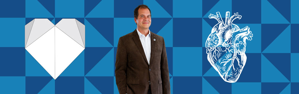 Tefft on blue, origami style background with illustration of heart in white